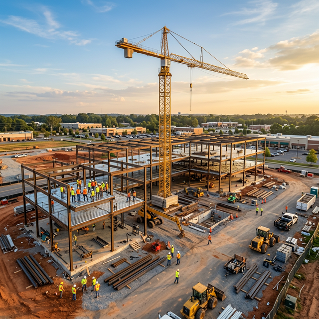 Active commercial construction site with steel frame going up