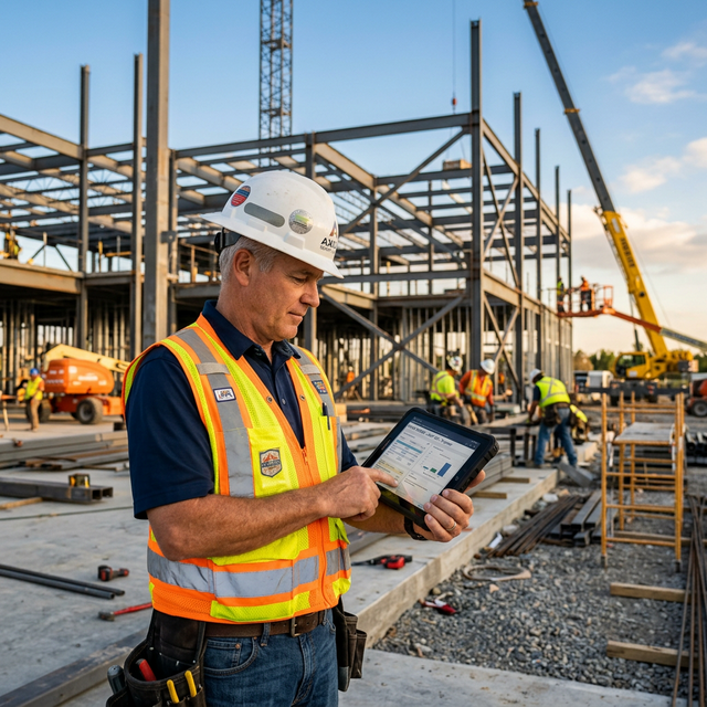 Construction foreman reviewing digital timesheet on tablet at job site