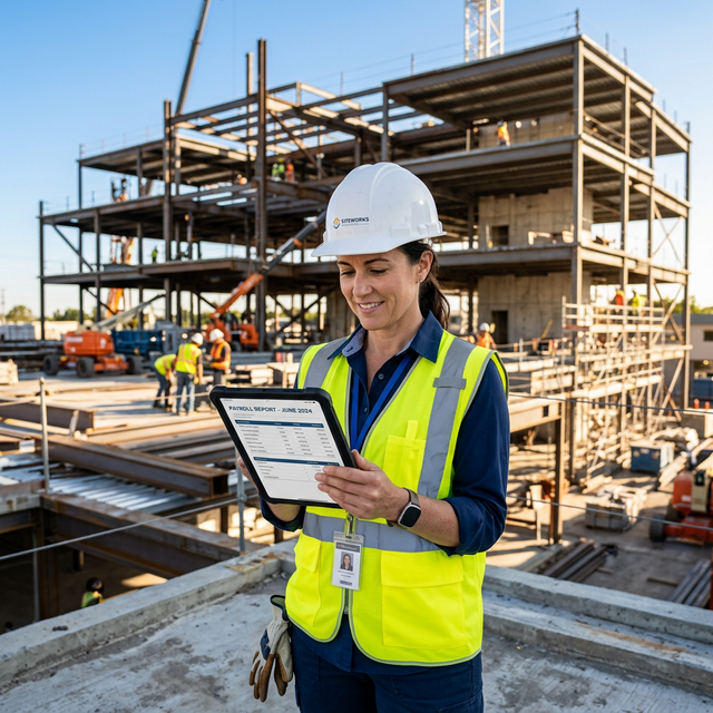 Construction project manager reviewing certified payroll on tablet