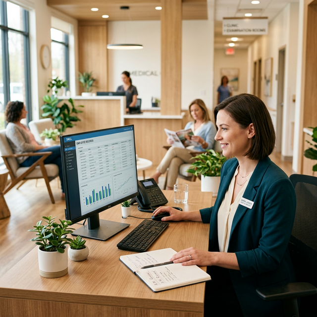 Medical office administrator reviewing employee credentials on computer
