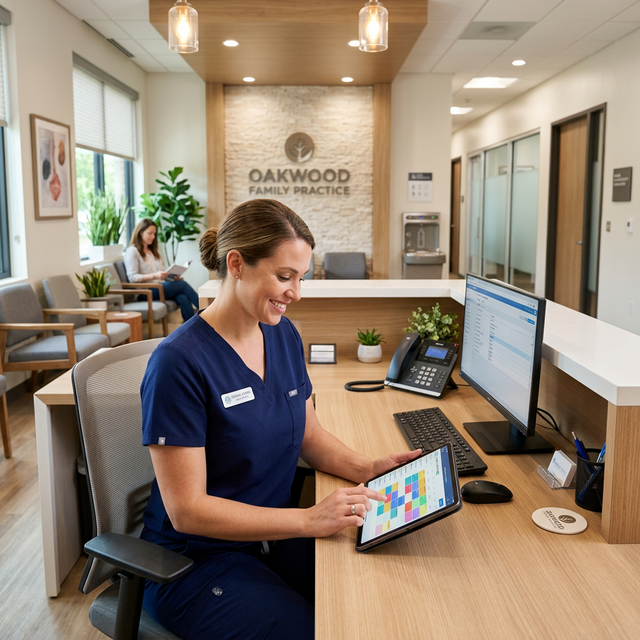 Modern medical office with healthcare administrator reviewing tablet