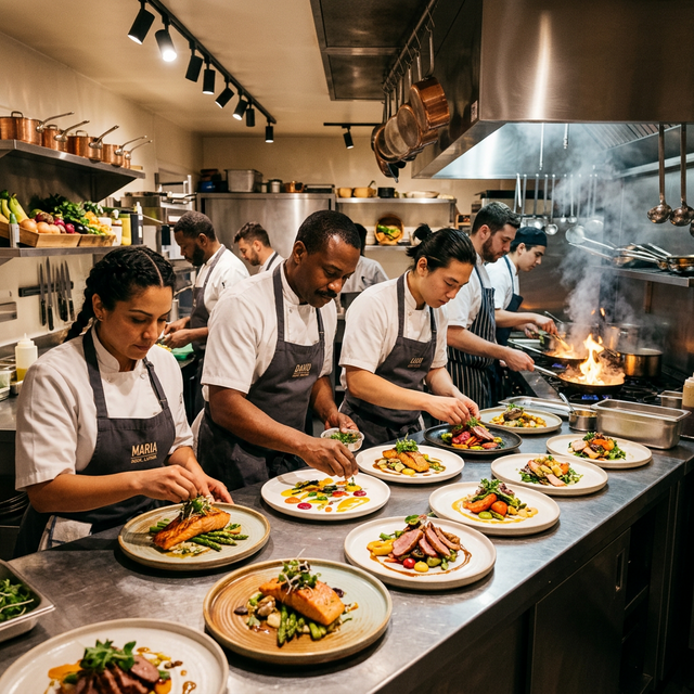 Professional restaurant kitchen during busy service