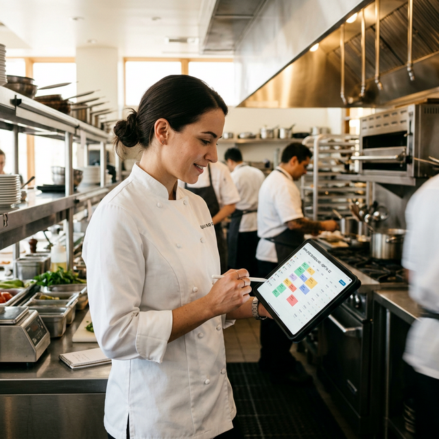 Restaurant manager reviewing scheduling on tablet