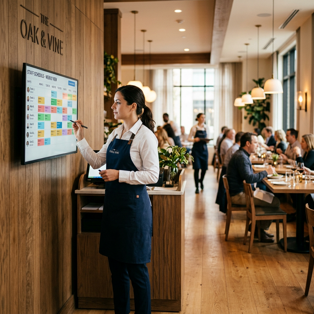 Restaurant manager reviewing employee schedules