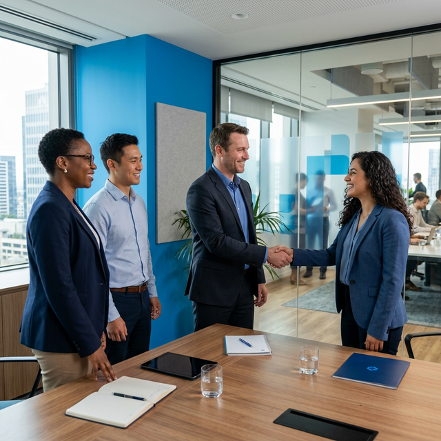 Team welcoming new hire in modern office